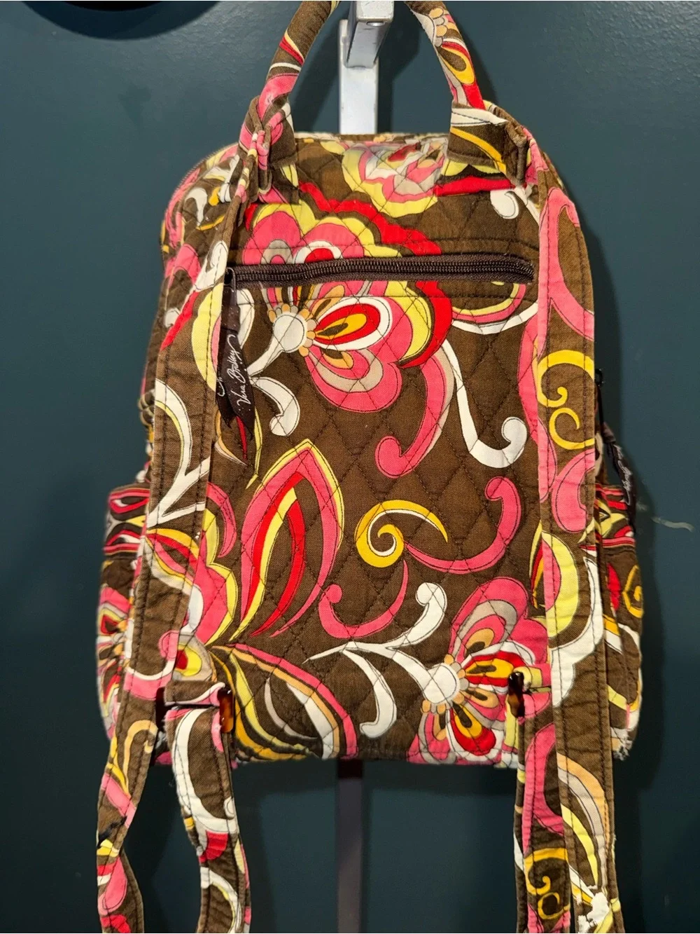 Vera Bradley Quilted Brown Backpack with Pink & Yellow Swirls